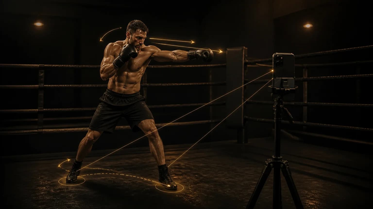 Boxeur revoyant un round filmé près d’un ring aux accents ambrés avec une interface d’analyse vidéo