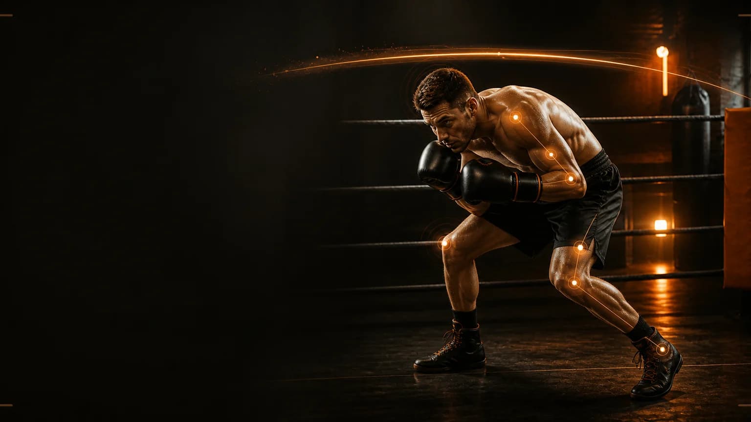 Boxer practices a compact bob and weave under a slip rope in an amber-lit gym