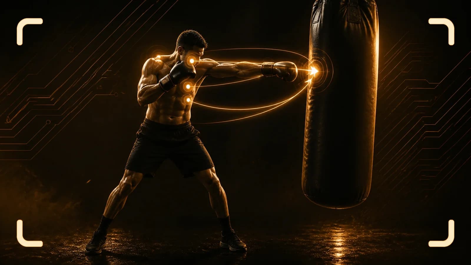Um boxeador iniciante grava um round equilibrado de combinações no saco pesado