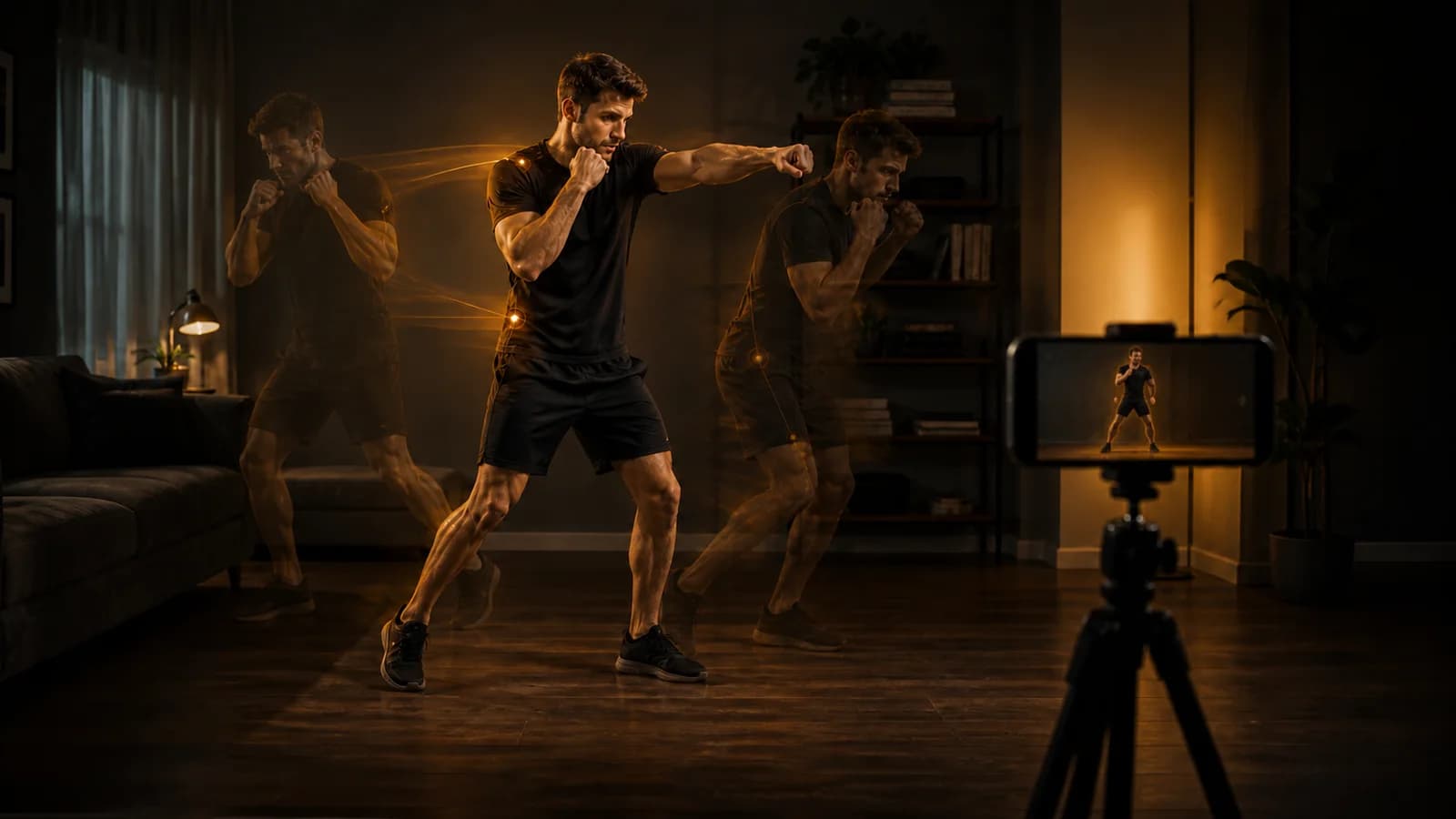 A boxer practises a step, jab, and defensive exit at home without boxing equipment