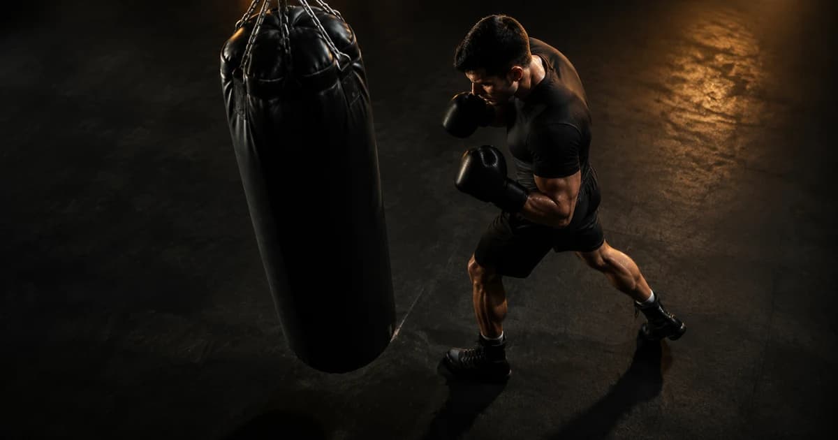 Overhead three-quarter view of a boxer completing a controlled pivot with both feet visible