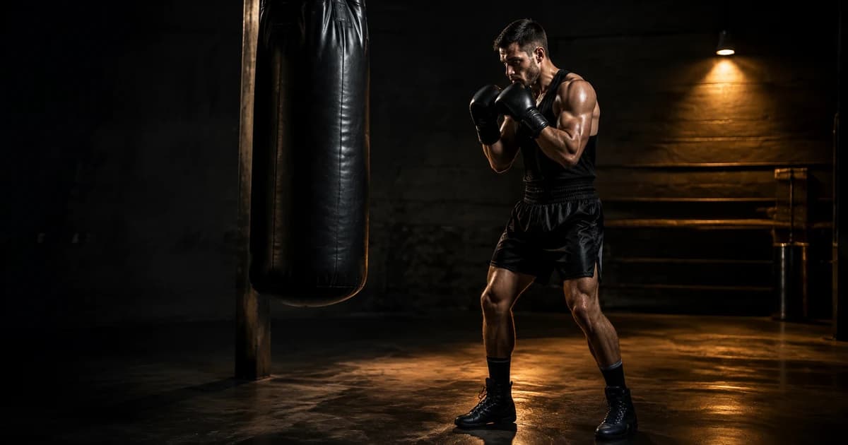 Full-body boxer checking an angled stance beside a heavy bag under restrained amber light