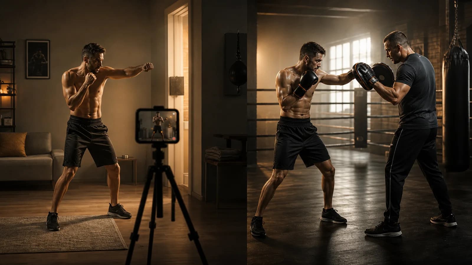 The same beginner boxer practises alone with a camera at home and works with a coach on focus mitts in a boxing gym