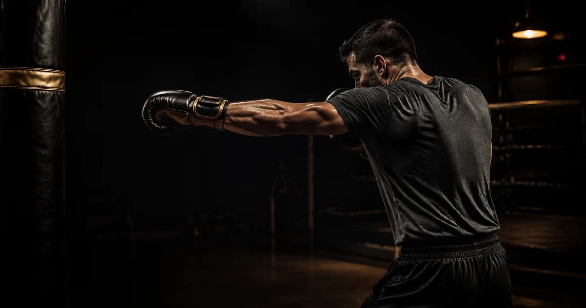 Boxer zeigt einen kompakten Geraden mit der hinteren Hand sowie koordinierte Schulter- und Hüftbewegung in einem amberbeleuchteten Gym