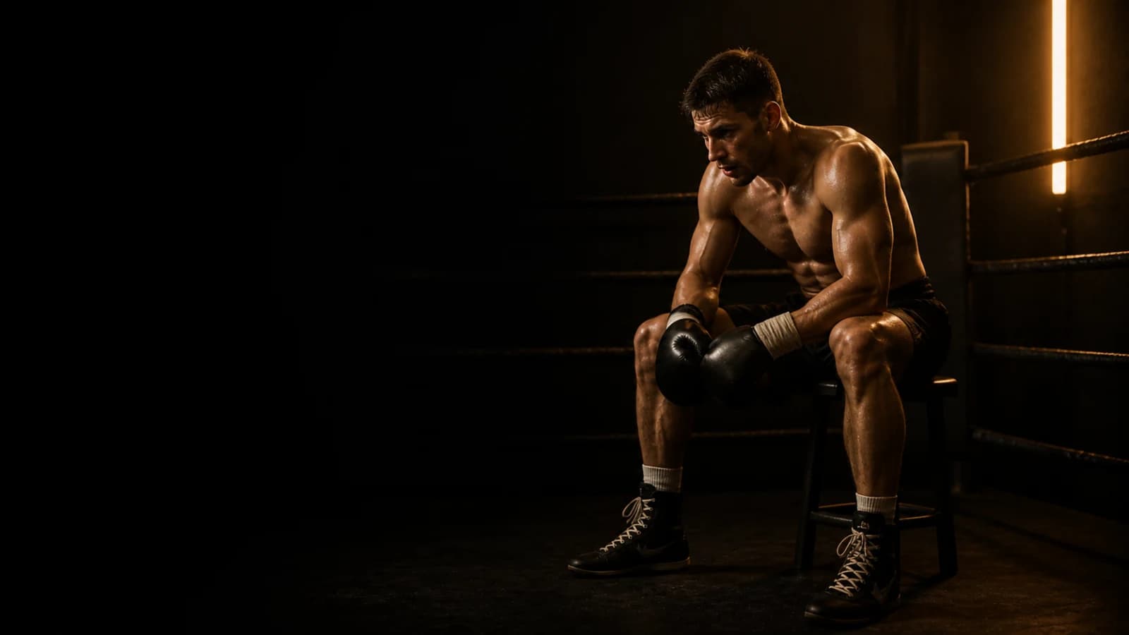 Boxer sitting on a stool between rounds in a black and gold boxing ring