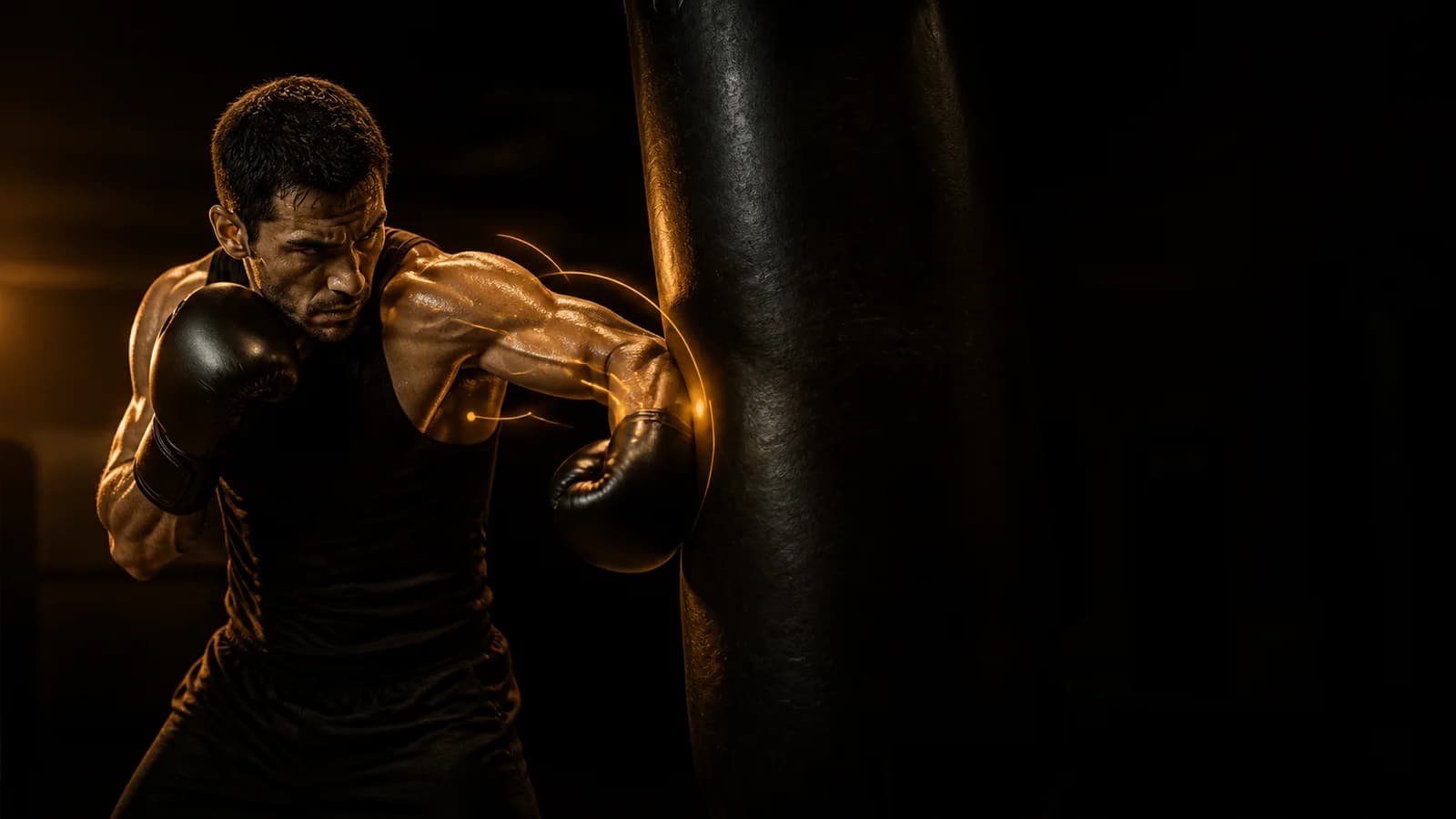 Boxing AI analysis view of a boxer landing a compact bent-arm hook on a heavy bag