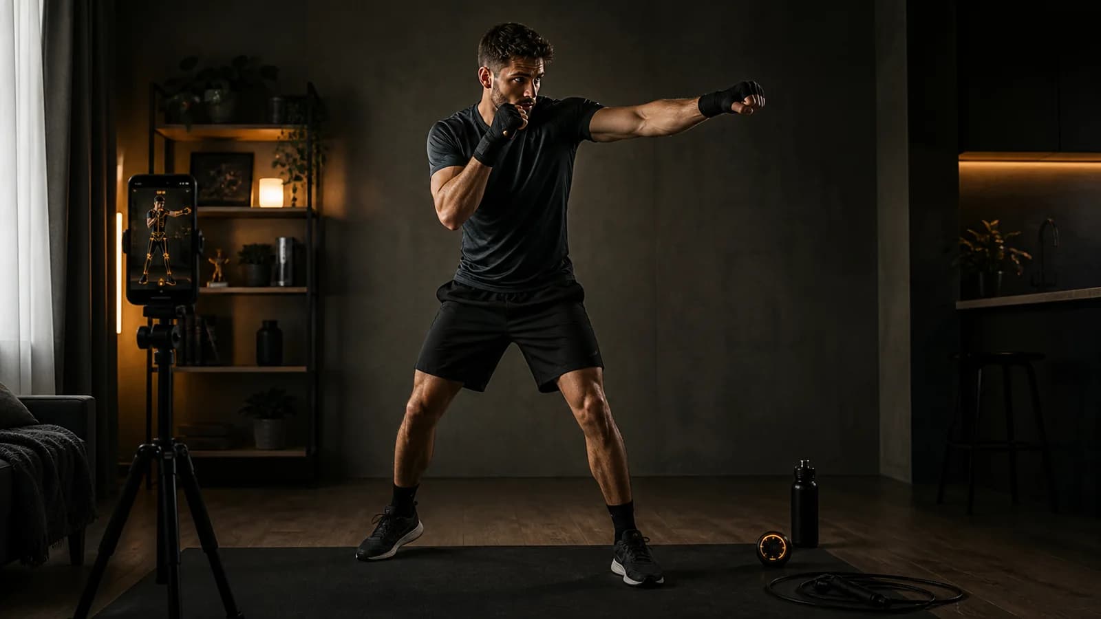 A beginner boxer shadowboxes in a clear home training space while a phone records from a tripod