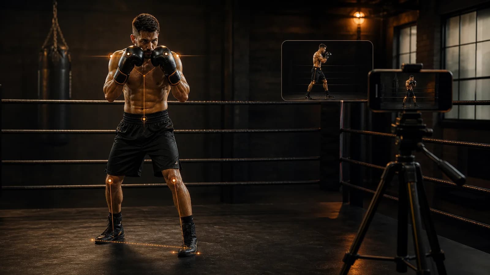 Ein Boxer hält eine stabile Deckung, während ein sicher aufgestelltes Handy Front- und Seitenansicht aufnimmt
