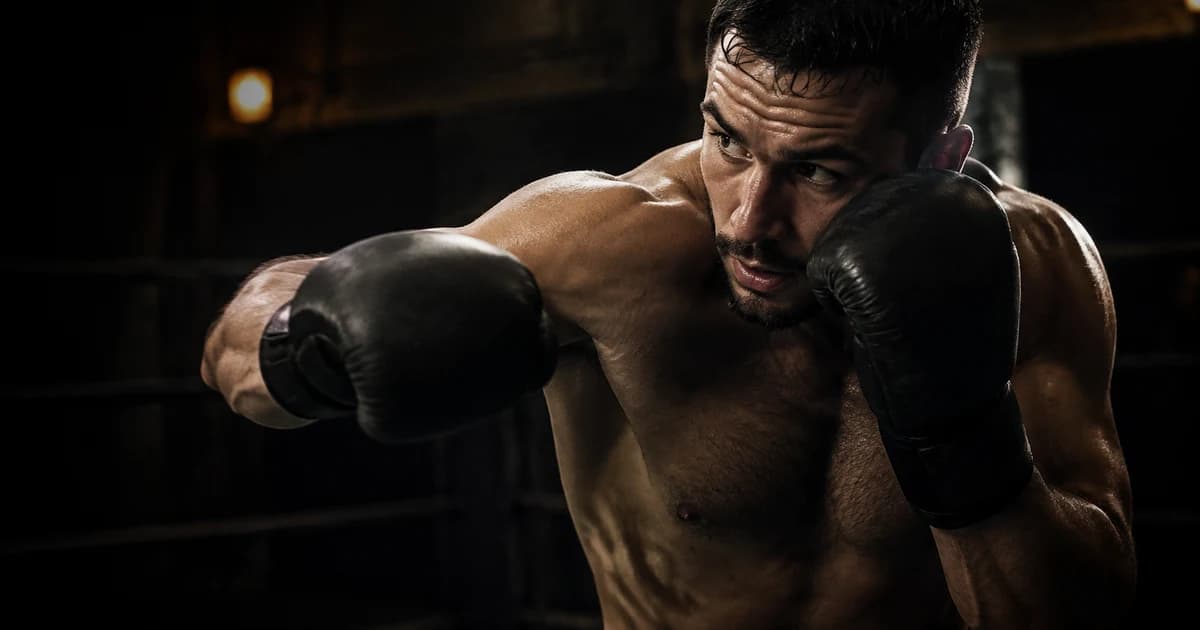 Boxer demonstrating a compact lead hook while keeping the rear glove beside the cheek