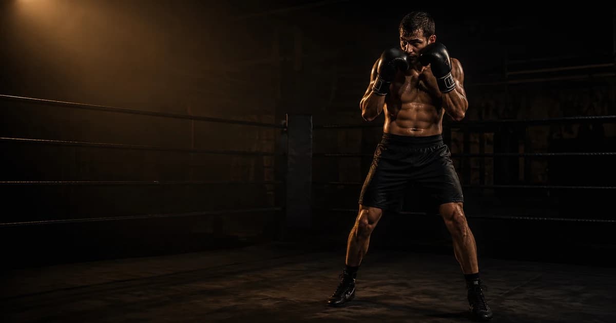 Full-body boxer completing a combination with both gloves returned to guard and stance ready to move