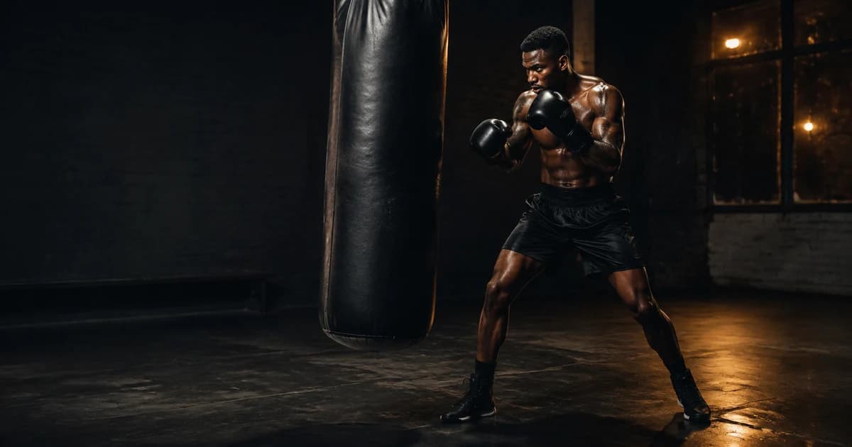 Full-body boxer preserving stance width while moving beside a heavy bag in a dark amber-lit gym