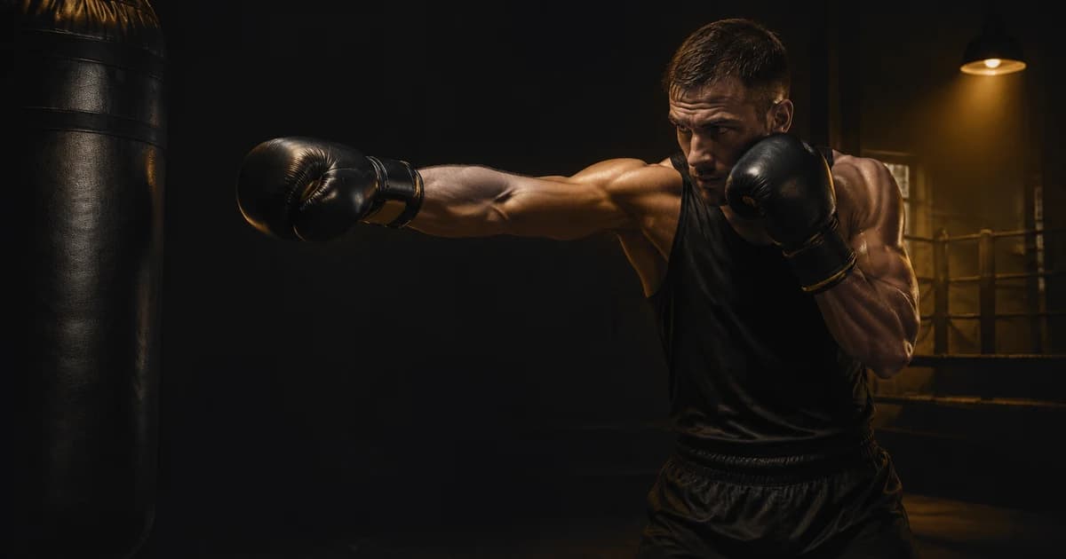 Boxer extending a controlled jab while keeping the rear glove at the cheek in a dark amber-lit gym