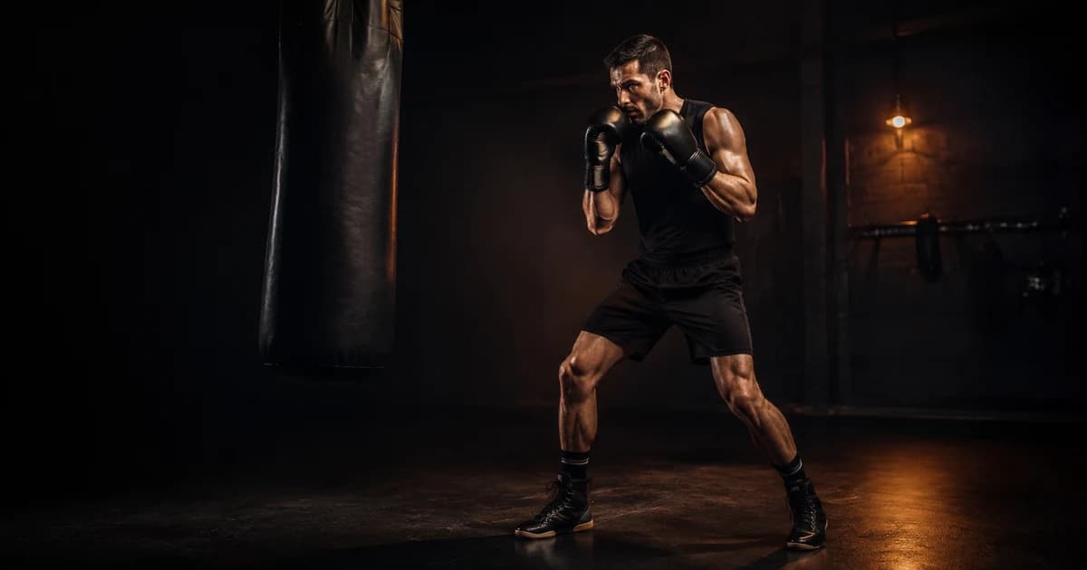 Full-body boxer completing a short combination and recovering upright at a controlled distance