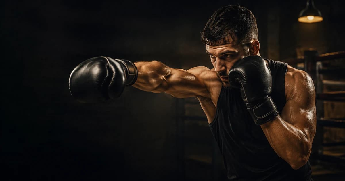 Boxer throwing a controlled straight punch with a neutral protected head position and opposite glove at the cheek