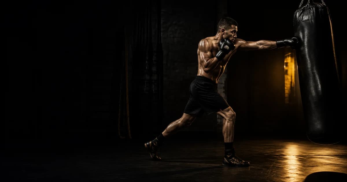 Full-body boxer finishing a rear straight at controlled distance with a recoverable stance