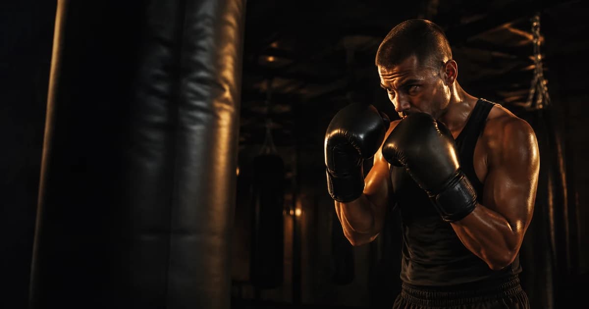 Boxer holding a quiet ready stance before punching a heavy bag under restrained amber light
