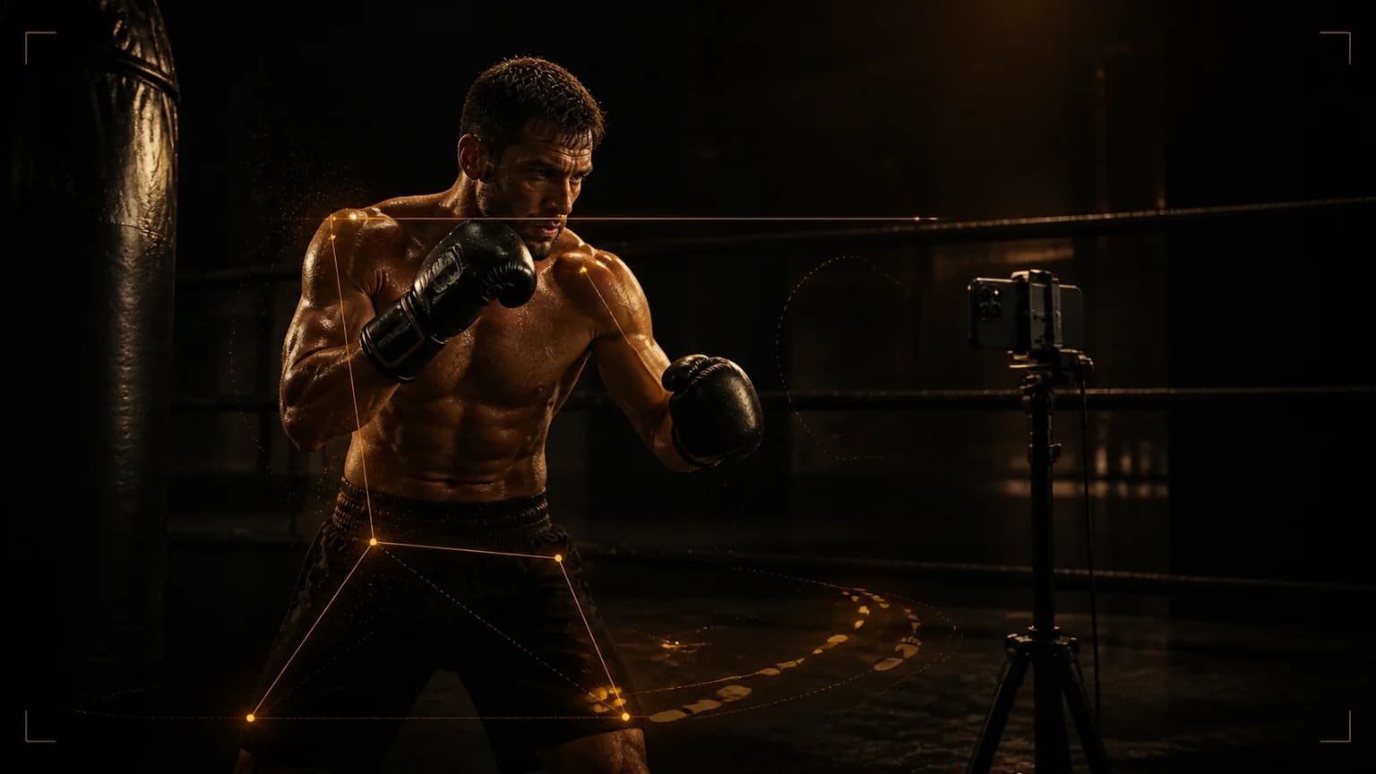 Boxer filmt eine kontrollierte Runde in einer dunklen Halle mit warmem Amberlicht und klarer Bewegungsanalyse