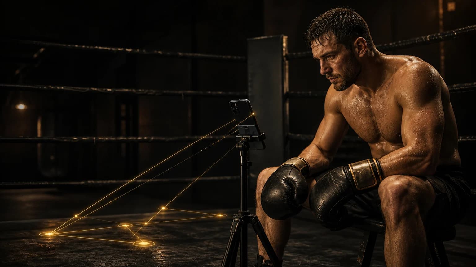 Boxer reviewing a recorded training round on a phone beside the ring