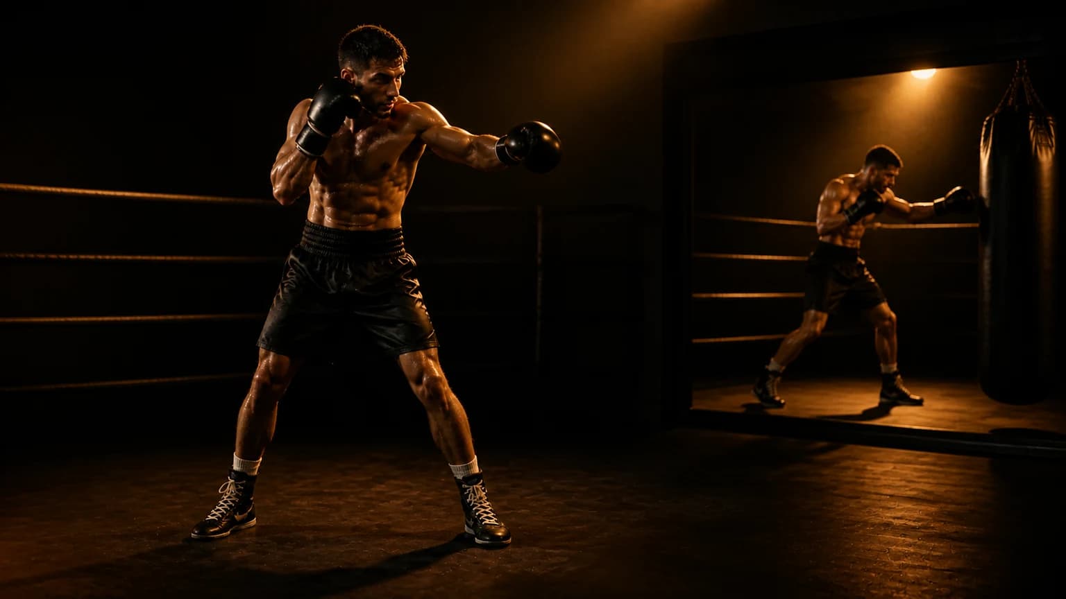 Two clean boxing stance silhouettes face a heavy bag in restrained black and amber gym photography